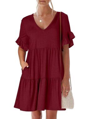 Anrabess Women's Burgundy Neck Ruffle Sleeve A Line Tiered Mini Flowy Dress